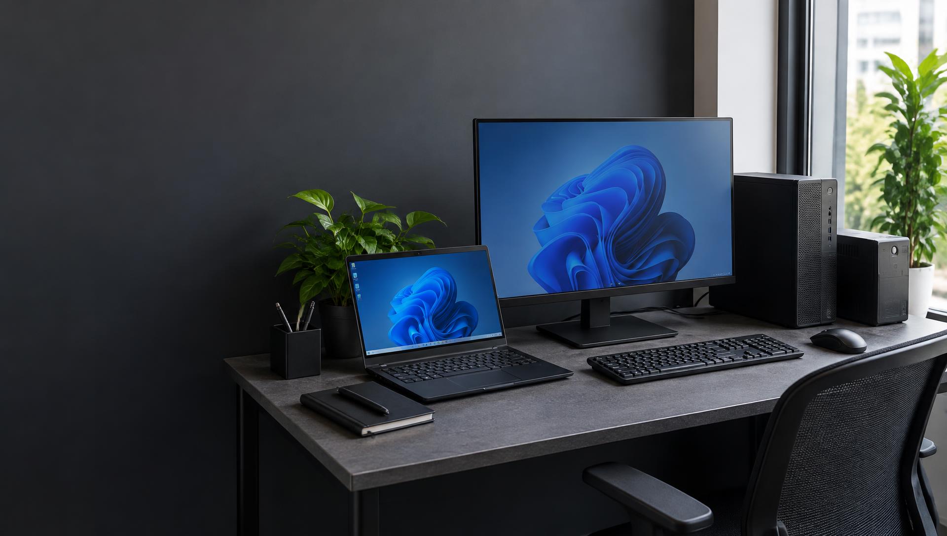 Windows laptop, desktop workstation and UPS power backup in an office